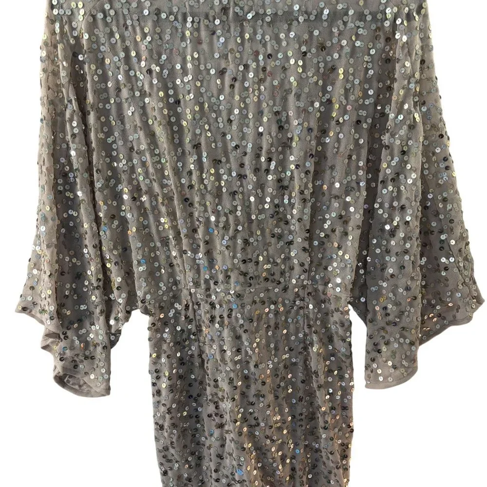 ASOS Beige Sequin Wrap Mini Dress With Flared Sleeves V-Neck Size 6 Polyester Bl - Picture 6 of 8